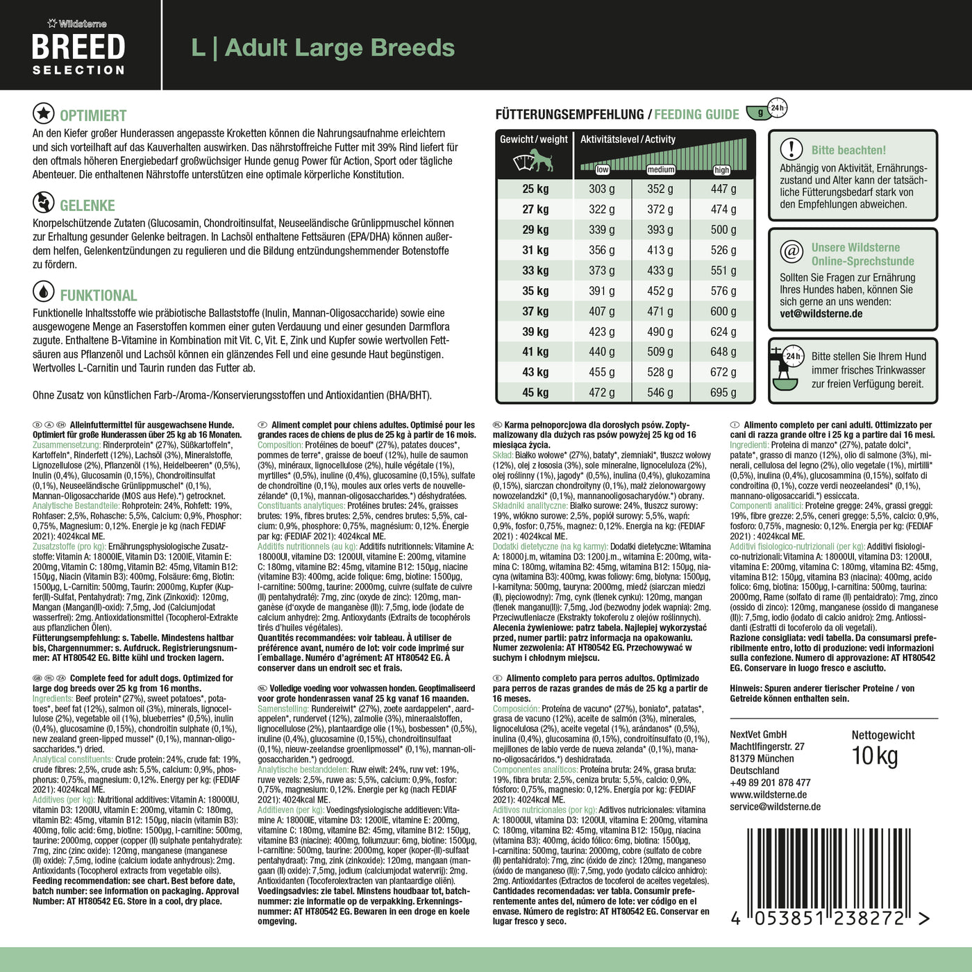 Etikett der Rückseite von Wildsterne Breed Selection Adult Large Breeds - Monoprotein Hundefutter ohne Getreide Rind & Kartoffel.