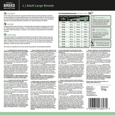 Etikett der Rückseite von Wildsterne Breed Selection Adult Large Breeds - Monoprotein Hundefutter ohne Getreide Rind & Kartoffel.