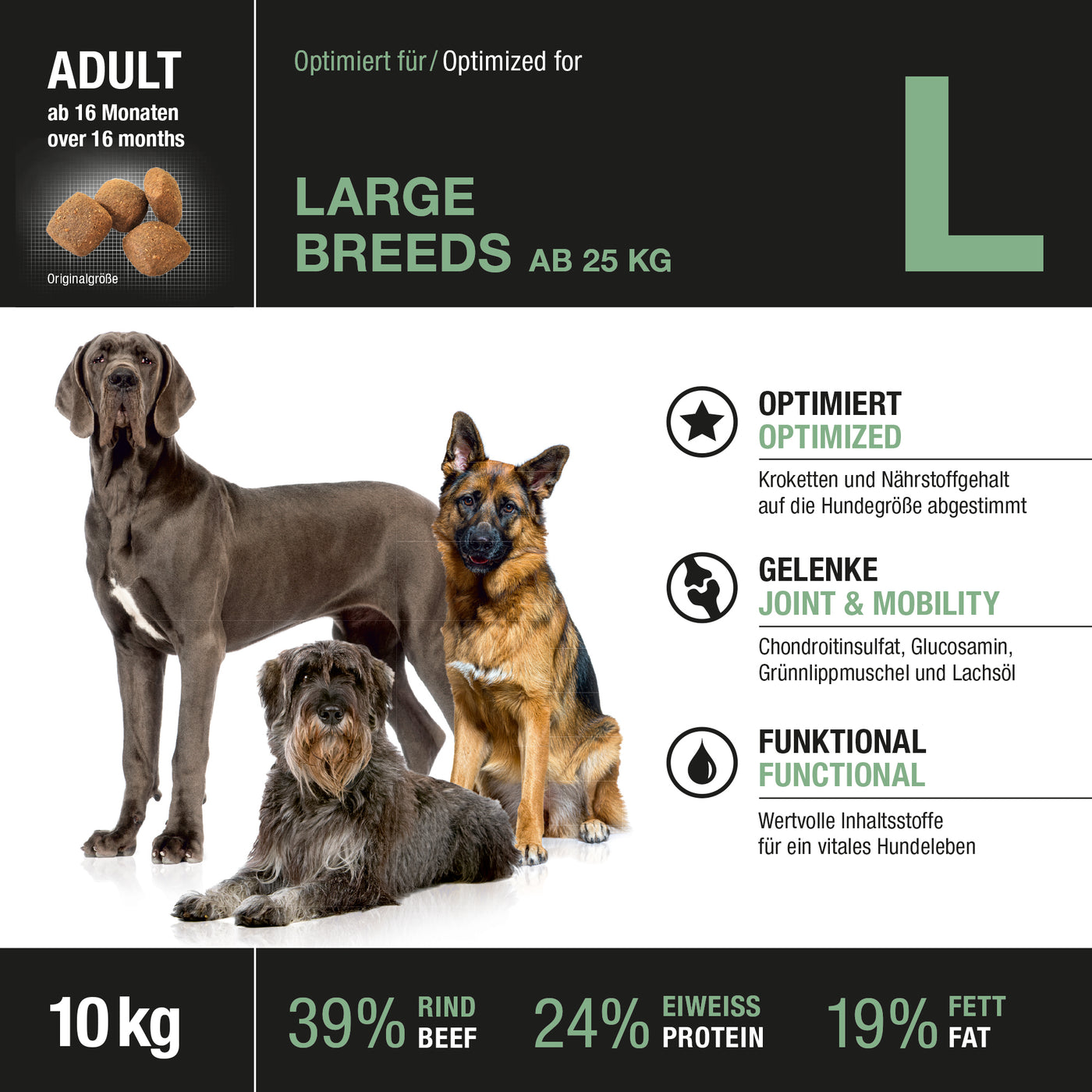Etikett der Vorderseite von Wildsterne Breed Selection Adult Large Breeds - Monoprotein Hundefutter ohne Getreide Rind & Kartoffel.