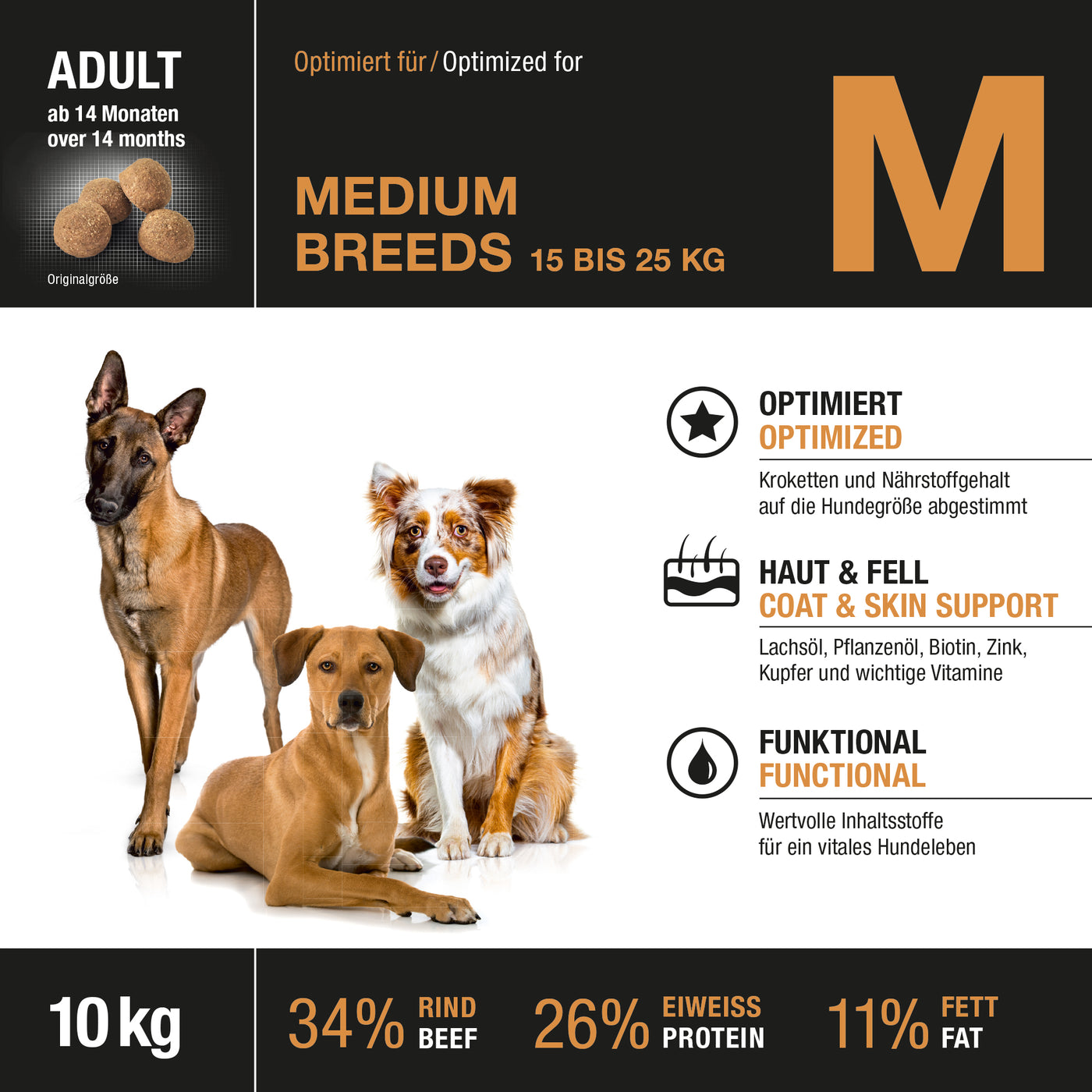 Etikett der Vorderseite von Wildsterne Breed Selection Adult Medium Breeds - Monoprotein Hundefutter ohne Getreide Rind & Kartoffel.