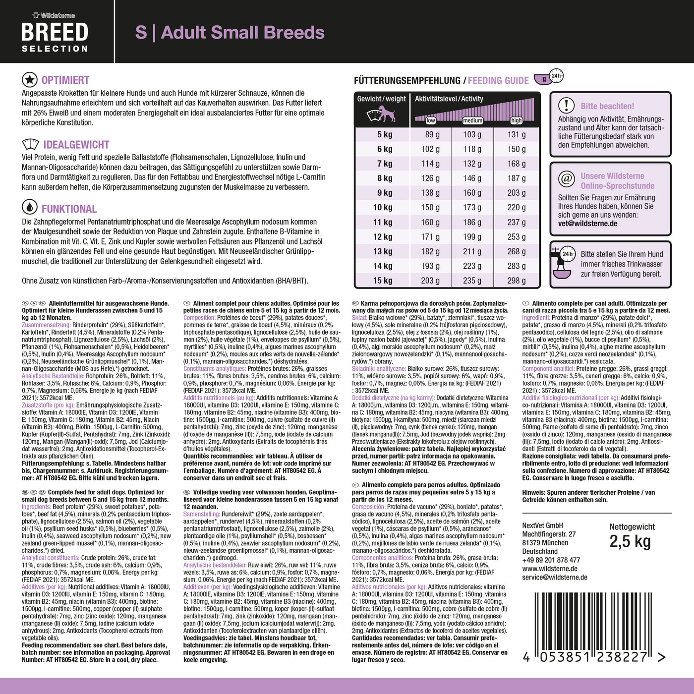 Etikett der Rückseite von Wildsterne Breed Selection Adult Small Breeds - Monoprotein Hundefutter ohne Getreide Rind & Kartoffel.