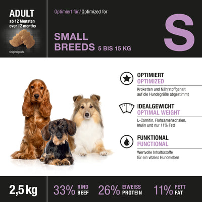 Etikett der Vorderseite von Wildsterne Breed Selection Adult Small Breeds - Monoprotein Hundefutter ohne Getreide Rind & Kartoffel.