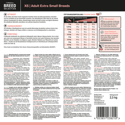 Etikett der Rückseite von Wildsterne Breed Selection Adult XSmall Breeds - Monoprotein Hundefutter ohne Getreide Rind & Kartoffel.