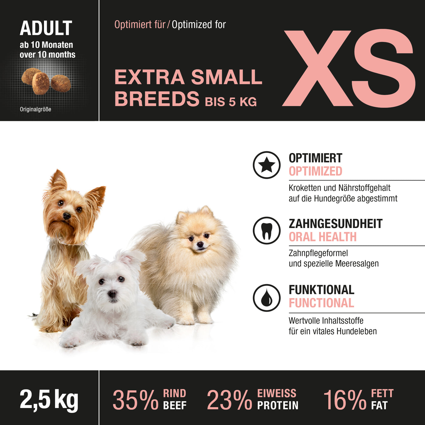 Etikett der Vorderseite von Wildsterne Breed Selection Adult XSmall Breeds - Monoprotein Hundefutter ohne Getreide Rind & Kartoffel.
