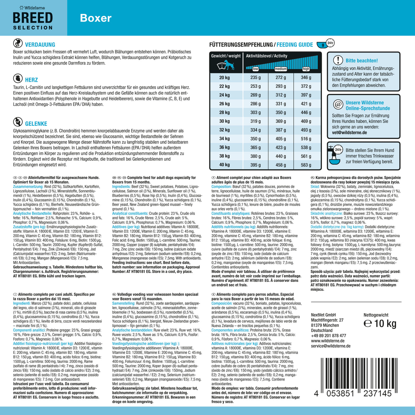 Etikett der Rückseite von Wildsterne Breed Selection Boxer - Monoprotein Hundefutter ohne Getreide Rind & Kartoffel.
