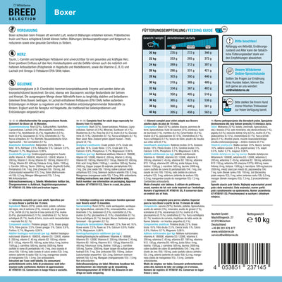 Etikett der Rückseite von Wildsterne Breed Selection Boxer - Monoprotein Hundefutter ohne Getreide Rind & Kartoffel.