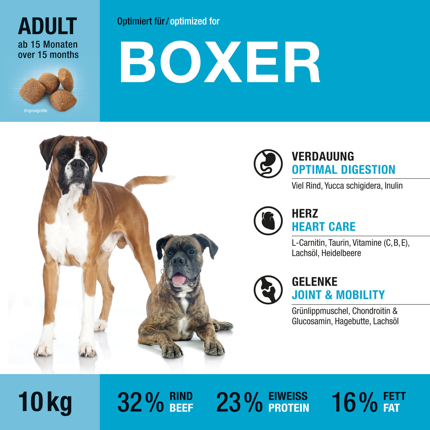 Etikett der Vorderseite von Wildsterne Breed Selection Boxer - Monoprotein Hundefutter ohne Getreide Rind & Kartoffel.