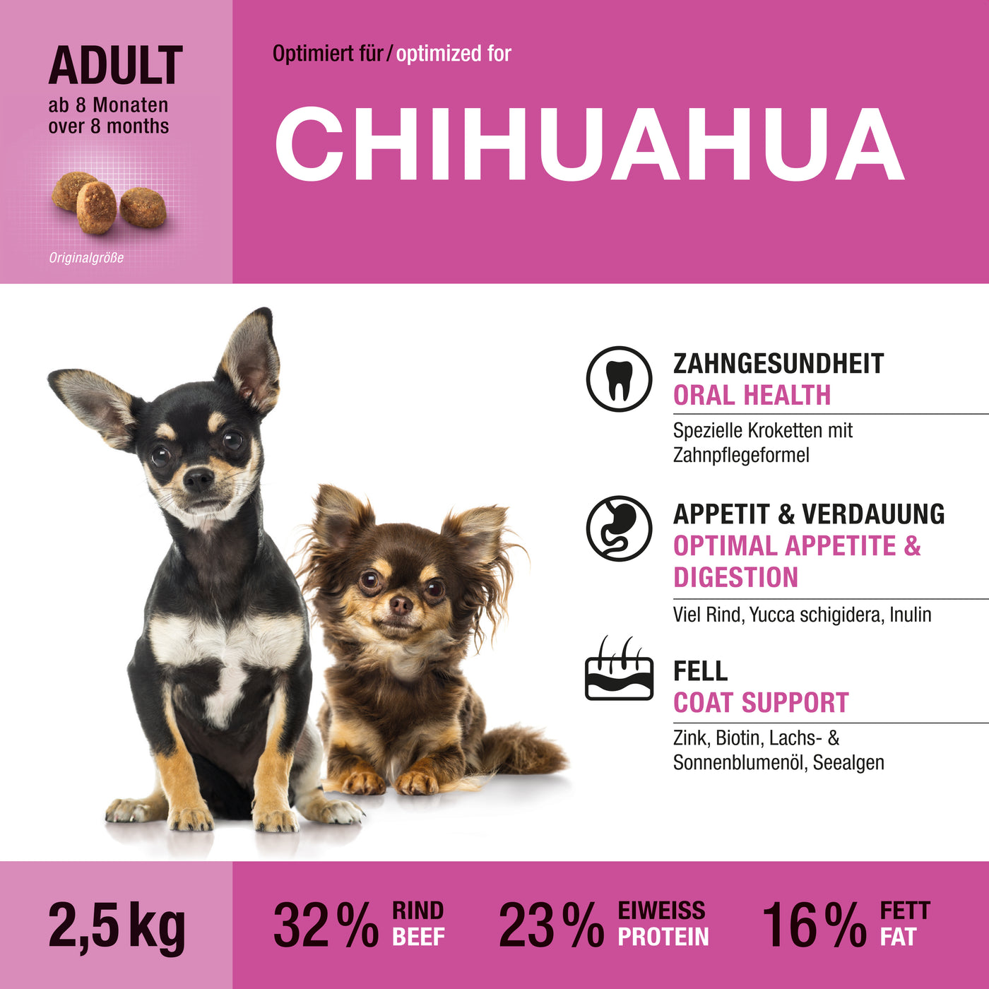 Etikett der Vorderseite von Wildsterne Breed Selection Chihuahua - Monoprotein Hundefutter ohne Getreide Rind & Kartoffel.