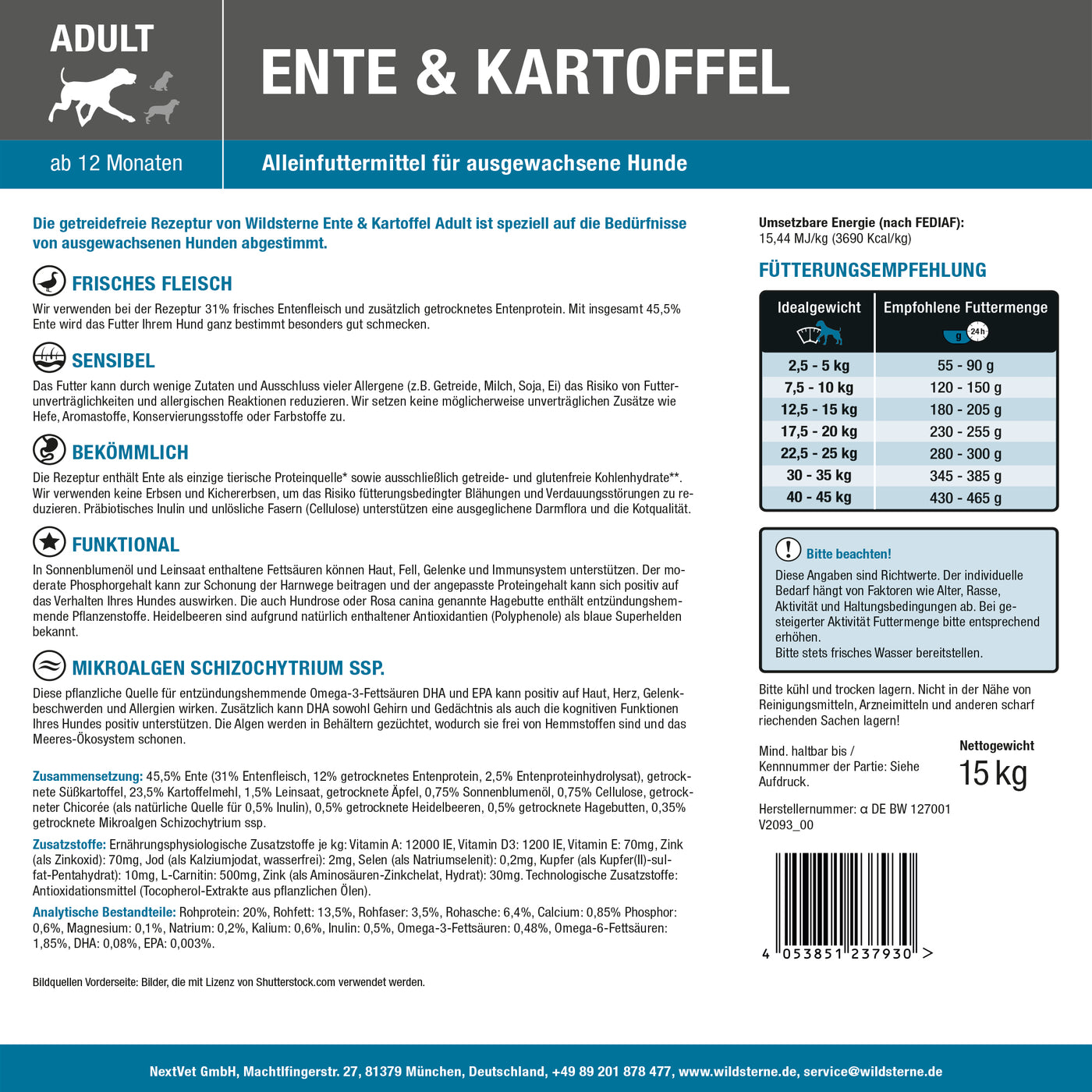 Etikett der Rückseite von Wildsterne Ente & Kartoffel - hypoallergenes Monoprotein Hundefutter ohne Getreide für empfindliche Hunde und bei Futterallergie.