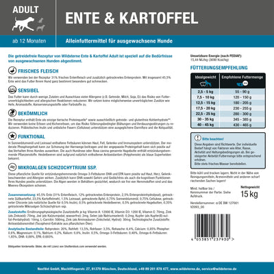 Etikett der Rückseite von Wildsterne Ente & Kartoffel - hypoallergenes Monoprotein Hundefutter ohne Getreide für empfindliche Hunde und bei Futterallergie.