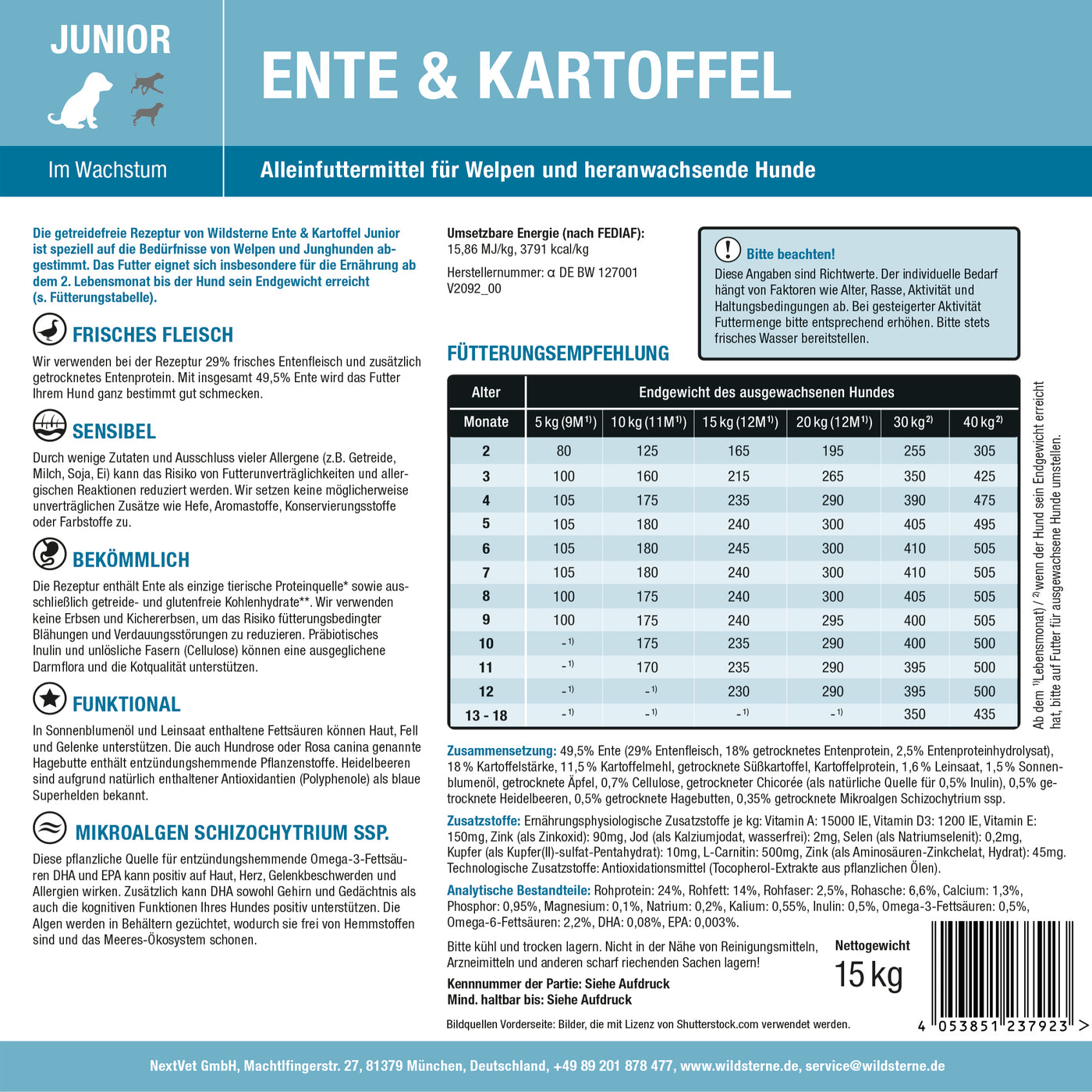 Monoprotein Hundefutter ohne Getreide für Welpen aus Ente und Kartoffel von Wildsterne Rückseite Etikett 