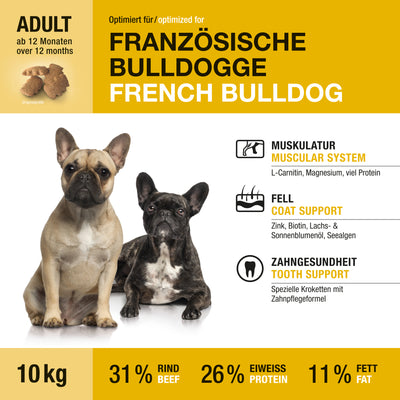 Etikett der Vorderseite von Wildsterne Breed Selection French Bulldog - Monoprotein Hundefutter ohne Getreide Rind & Kartoffel.