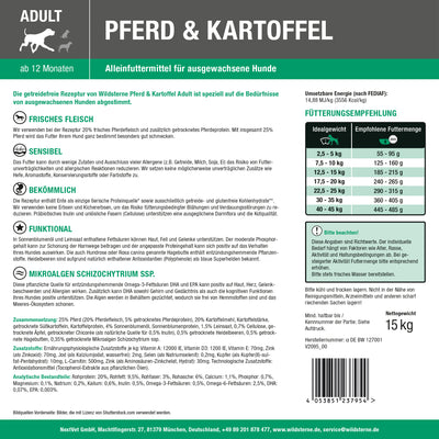 Etikett der Rückseite von Wildsterne Pferd Kartoffel - hypoallergenes Monoprotein Hundefutter ohne Getreide für empfindliche Hunde und bei Futterallergie.