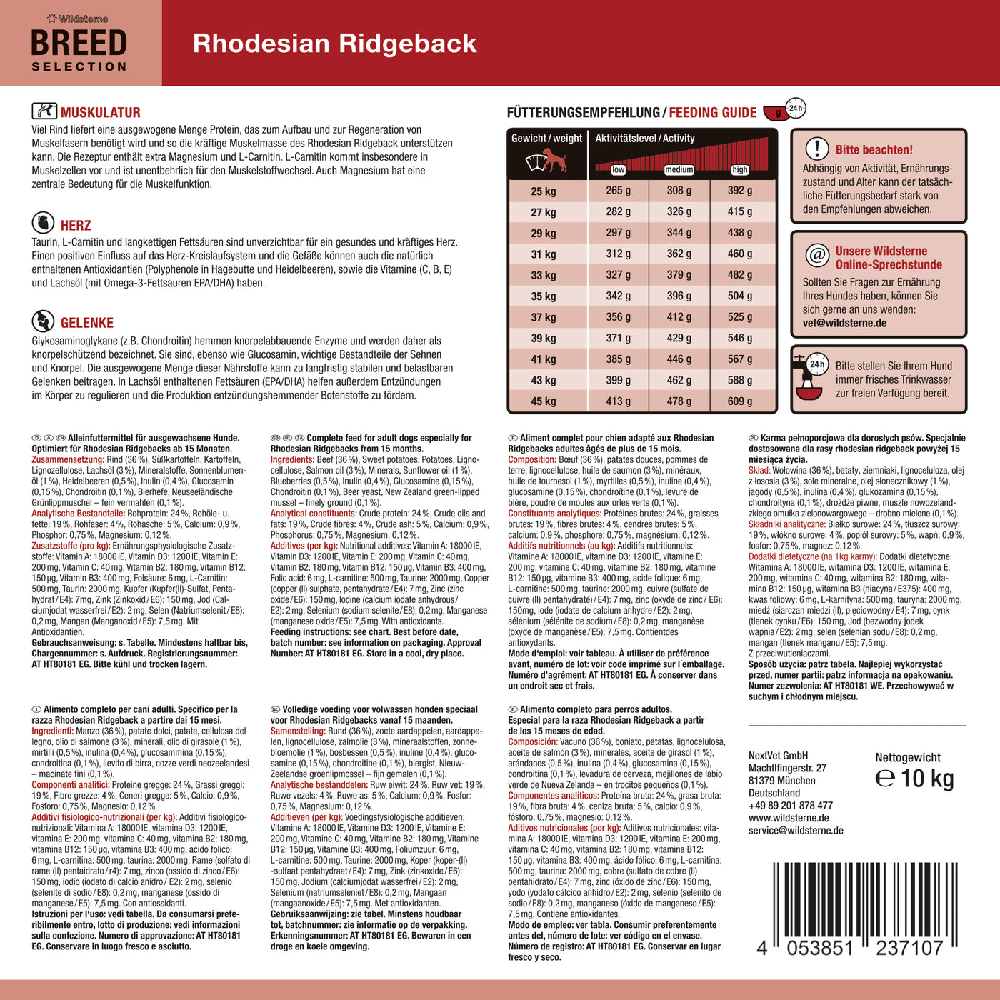 Etikett der Rückseite von Wildsterne Breed Selection Rhodesian Ridgeback - Monoprotein Hundefutter ohne Getreide Rind & Kartoffel.