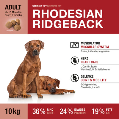Etikett der Vorderseite von Wildsterne Breed Selection Rhodesian Ridgeback - Monoprotein Hundefutter ohne Getreide Rind & Kartoffel.
