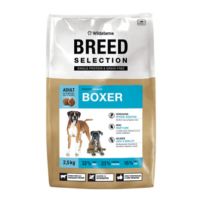 Monoprotein Hundefutter ohne Getreide für Boxer von Wildsterne Breed Selection zum Testen für empfindliche Hunde im 2,5kg Sack.