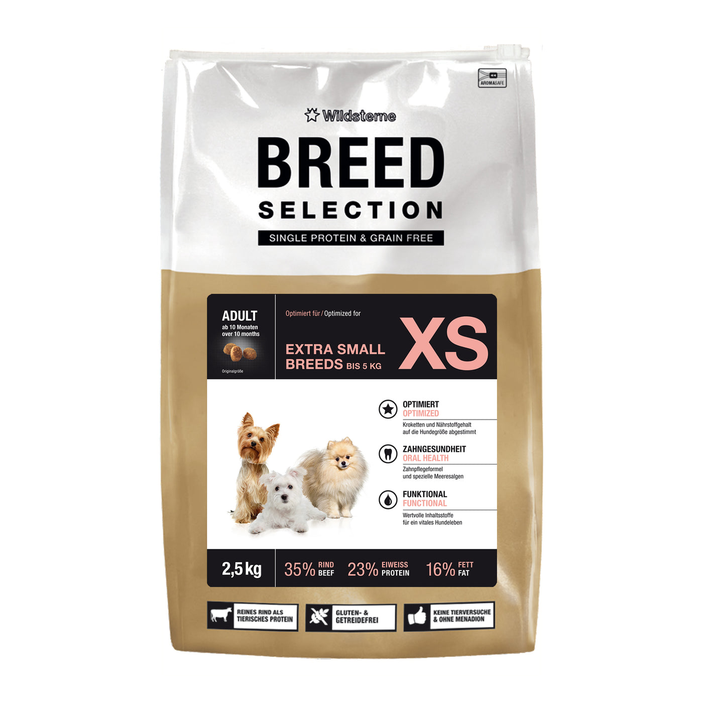 Das Monoprotein Hundefutter ohne Getreide Breed Selection XS Adult von Wildsterne für sehr kleine Hunde im 2,5kg Sack.