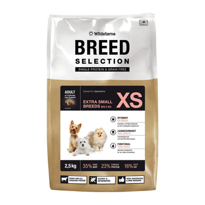 Das Monoprotein Hundefutter ohne Getreide Breed Selection XS Adult von Wildsterne für sehr kleine Hunde im 2,5kg Sack.