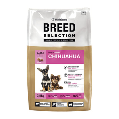 Monoprotein-Hundefutter ohne Getreide für Chihuahuas von Wildsterne Breed Selection im praktischen, kleinen 2,5 kg Beutel.