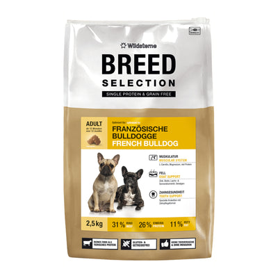 2,5kg zum Probieren von dem Monoprotein-Hundefutter ohne Getreide für Französische Bulldogen von Wildsterne Breed Selection.