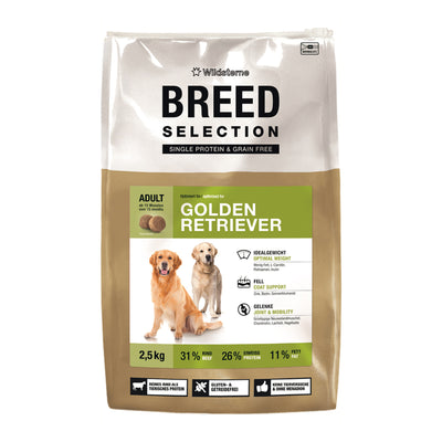 Das Monoprotein Hundefutter für Golden Retriever von Wildsterne Breed Selection ohne Getreide in 2,5 kg Probiergröße.