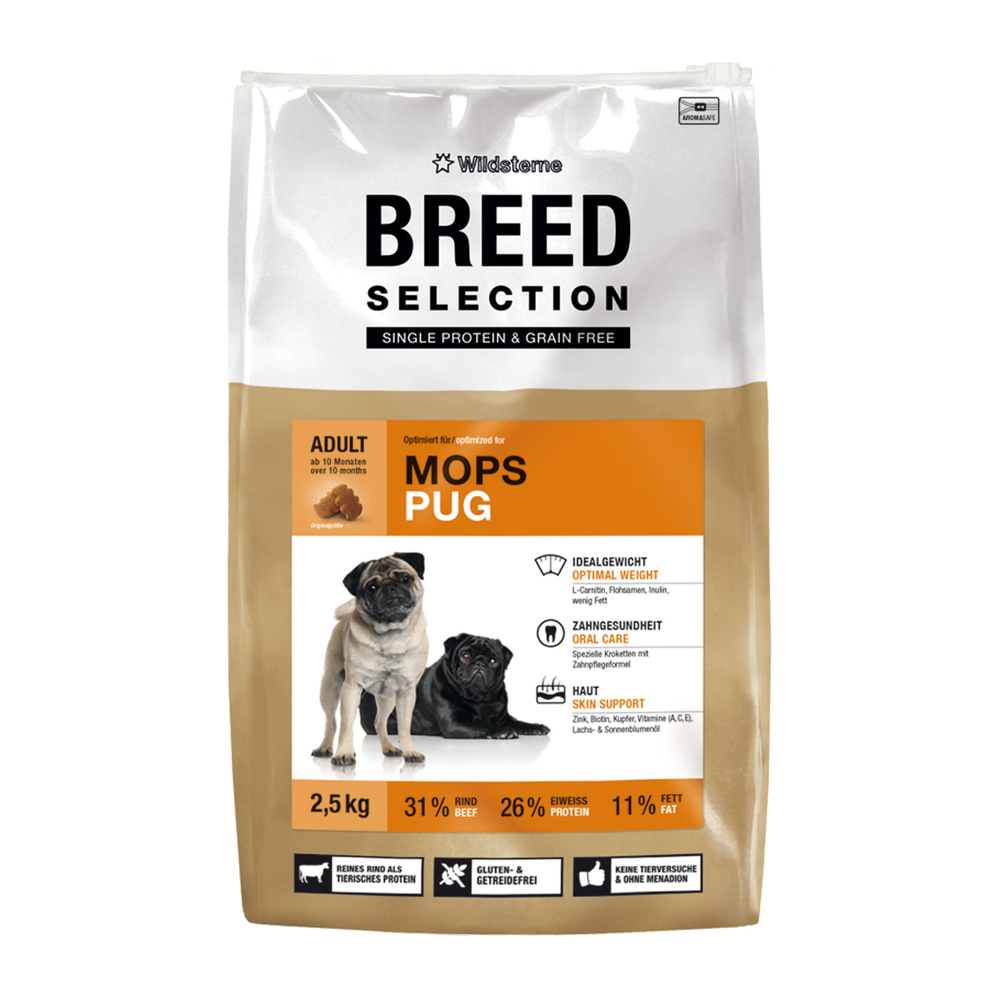 2,5kg Monoprotein Hundefutter Breed Selection für Mops von Wildsterne – ohne Getreide und perfekt für kurznasige Hunde.