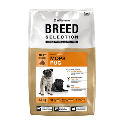 2,5kg Monoprotein Hundefutter Breed Selection für Mops von Wildsterne – ohne Getreide und perfekt für kurznasige Hunde.