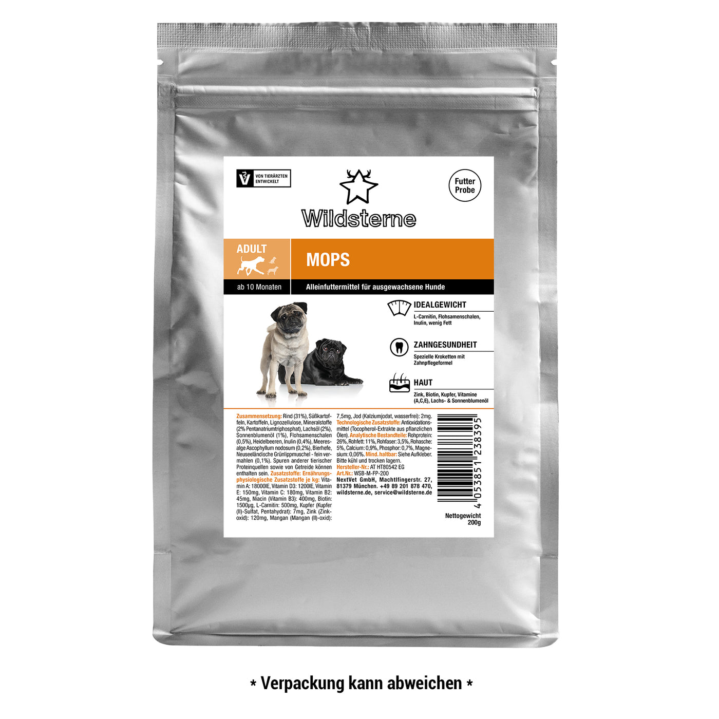 Monoprotein Hundefutter ohne Getreide Breed Selection Mops von Wildsterne 200g Futterprobe, von Tierärzten entwickelt.