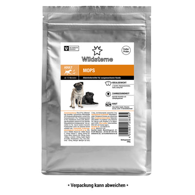 Monoprotein Hundefutter ohne Getreide Breed Selection Mops von Wildsterne 200g Futterprobe, von Tierärzten entwickelt.