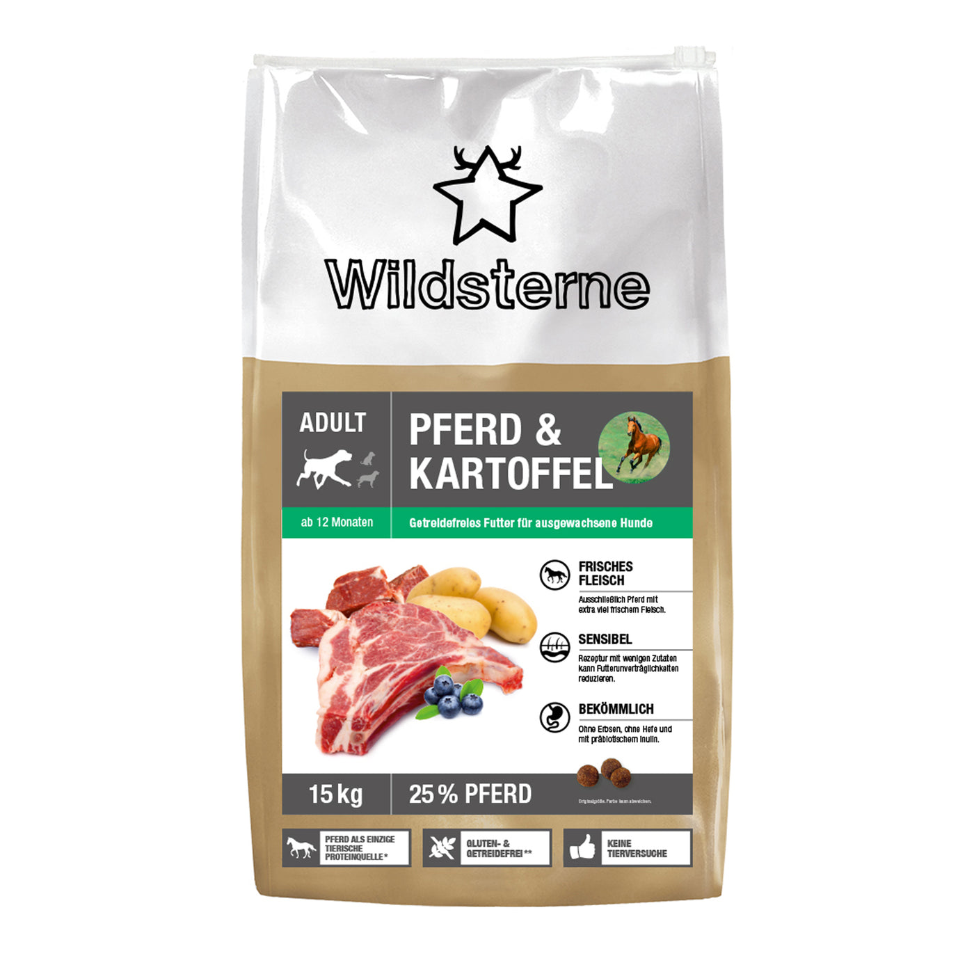 Wildsterne Pferd Kartoffel 15kg ist als hypoallergenes Monoprotein Hundefutter ohne Getreide für empfindliche Hunde geeignet.