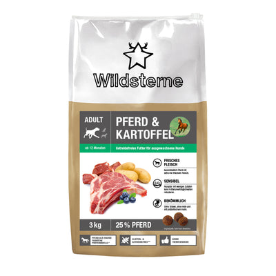 Das Monoprotein Hundefutter Pferd & Kartoffel im praktischen 3kg Sack von Wildsterne ist ohne Getreide und hypoallergen.