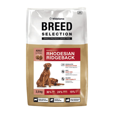 Das Monoprotein Hundefutter ohne Getreide für Rhodesian Ridgeback von Wildsterne Breed Selection im 2,5 kg Futtersack.