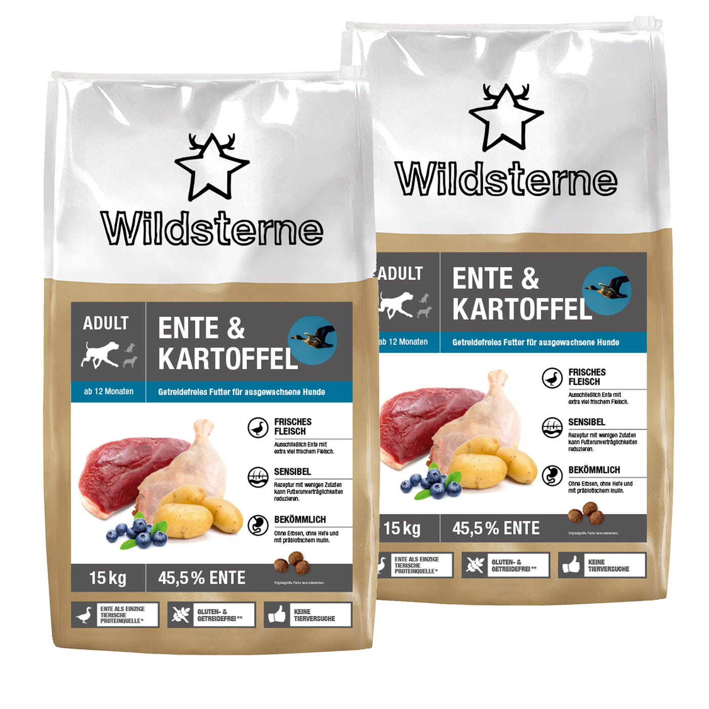 Monoprotein Hundefutter Sparpaket (2 x) Ente & Kartoffel Adult 15kg hochwertiges Premiumfutter ohne Getreide